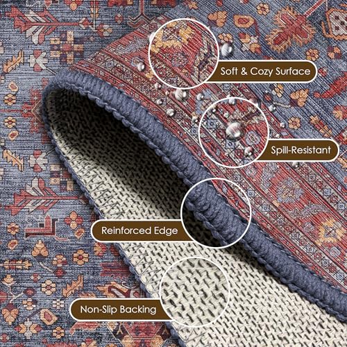 Washable Area Rug 4' x 6' Vintage Traditional Persian Mat (Indigo and Crimson / 4' x 6' (Rectangular))