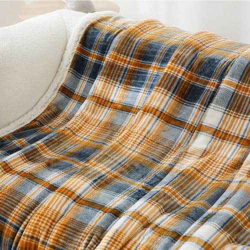 Sherpa Blanket Queen Plaid Thick Bed Blanket (Blue Yellow Check / 80"*90")