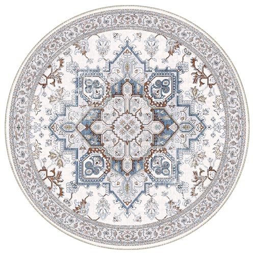 Soft Area Rugs 4' (4' (Round) / Cream White & Blue)