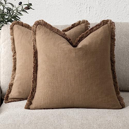 Decorative Linen Fringe Throw Pillow Covers 16×16 Khaki Brown (16" x 16" (Pack of 2) / Brick)