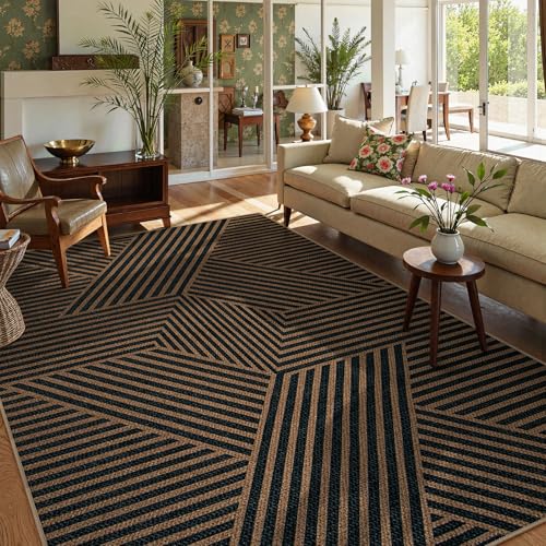 Modern Geometric Easy Jute Carpet (6' x 9' / Black/Nature Geometric-2)