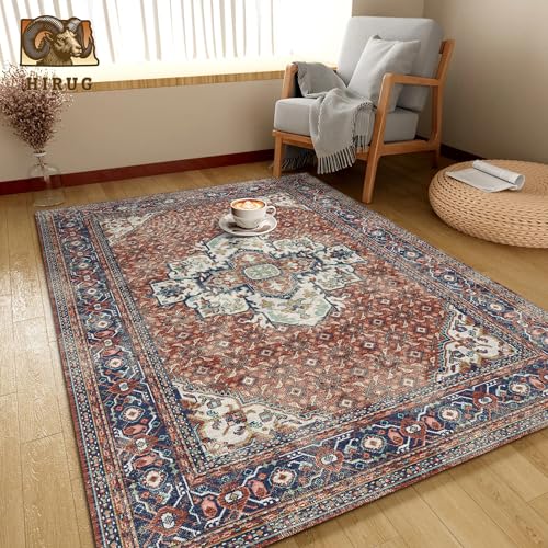 Washable Area Rug 8' x 10' Vintage Traditional Persian Mat (Terracotta and Navy / 8' x 10' (Rectangular))