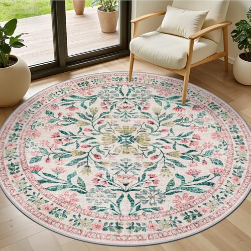 Round Area Rug Living Room (Pink/Green / 4' (Round))