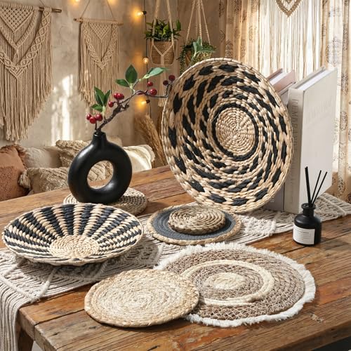 7 Pcs Boho Wall Basket Decor Decorative Hanging Woven Wall Basket Decor Round Farmhouse Hanging Baskets Handmade Woven Baskets Walls Decorative for Kitchen Rustic Home Summer Decorations