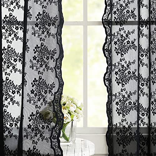 Vintage Lace Curtains 72 inch Length Goth Black Floral Sheer Sidelight Curtains for Front Door Coffin (Black / 52"W x 72"L (Pack of 2))