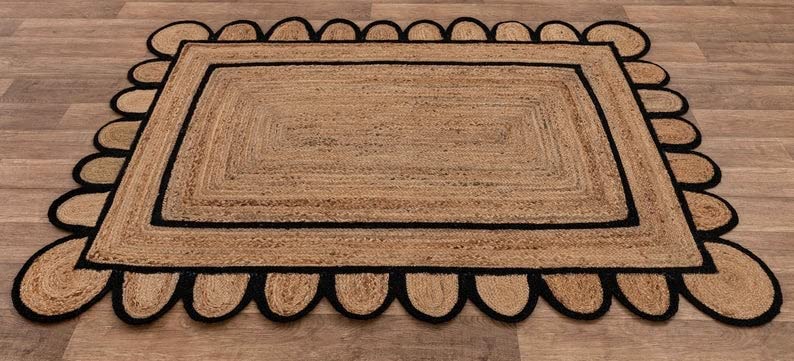 Scalloped Natural Jute Area Rug for Bedroom Living Room (Black / 2' x 4' (Scalloped))