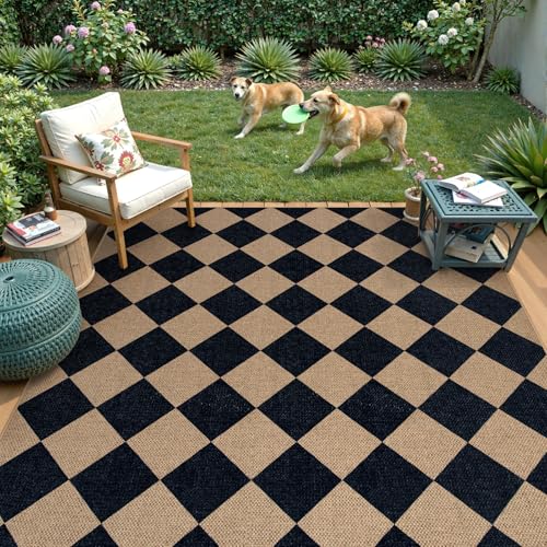 Checkered Easy Jute 5x7 Outdoor Rug (5' x 7' (Rectangular) / Nature and Black/Checkerboard -2)