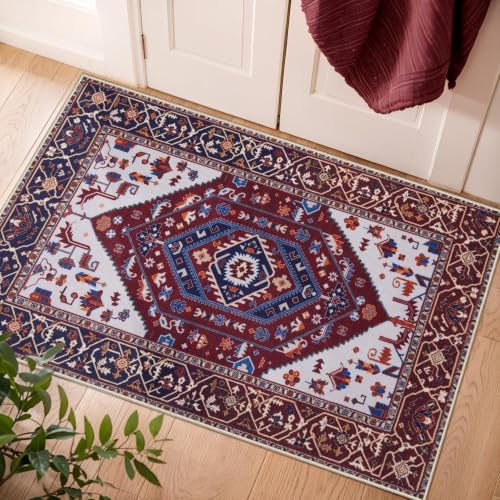 2x3 Washable Non Slip Boho Small Area Rug for Entryway (Burgundy Navy/Multi / 2' x 3' (Rectangular))
