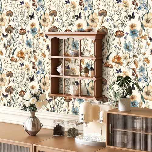 Mushroom Wallpaper Peel and Stick Vintage Floral 16.9" x 590.5" (Beige / 16.9" x 590.5")