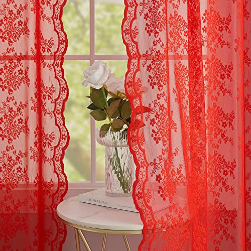 Vintage Lace Curtains 63 Inch Length 2 Panels Set Christmas Red Sheer Curtain Panels for Bedroom Winter Window Treatments for Holiday Living Room Dining Room Bedroom 52W x 63L (Red / 52"W x 63"L (Pack of 2))