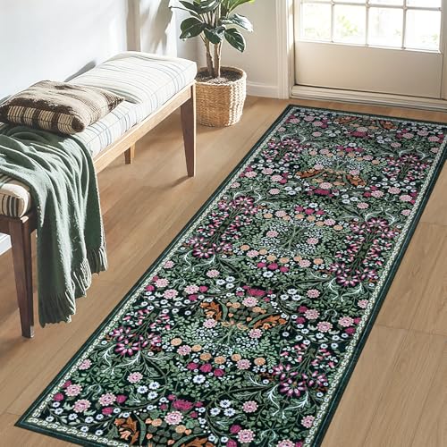 2x6 Washable Runner Rug：Floral Indoor Kitchen Carpet Dark Green (Dark Green / 2' x 6' (Runner))