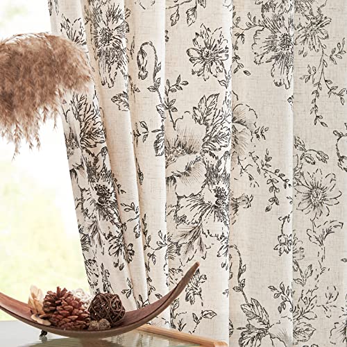 Vintage Floral Linen Curtains 96 Long for Living Room 2 Panels (Black on Beige / 38"W x 96"L (Pack of 2))