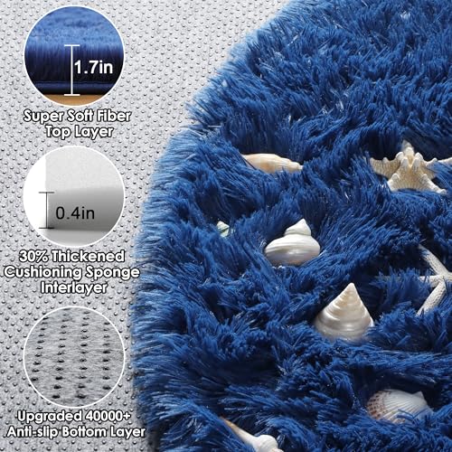 Navy Blue Fluffy Round Rug Circle Area Rugs 4ft for Boys Kids Teen Bedroom (Navy Blue / 4' (Round))