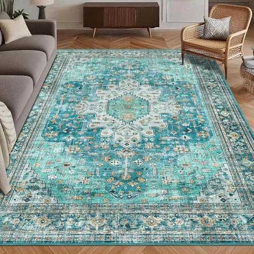Washable Area Rug 5' x 7' Vintage Traditional Persian Mat (Teal and Gold / 5' x 7' (Rectangular))