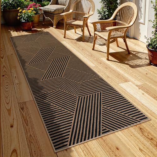 Modern Black and Brown Runner Rug (2'6" x 8' (Runner) / Black/Nature Geometric-2)