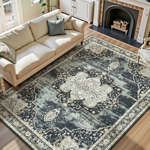 8x10 Washable Rugs Non (Medallion Black/Beige / 8' x 10' (Rectangular))