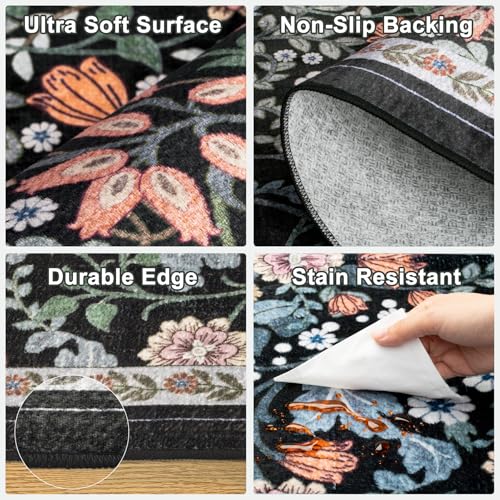 2.6x8 Washable Runner Rug：Floral Indoor Kitchen Carpet Dark Black (Dark Black / 2'6" x 8' (Runner))