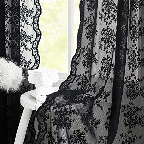 Vintage Lace Curtains 72 inch Length Goth Black Floral Sheer Sidelight Curtains for Front Door Coffin (Black / 52"W x 72"L (Pack of 2))
