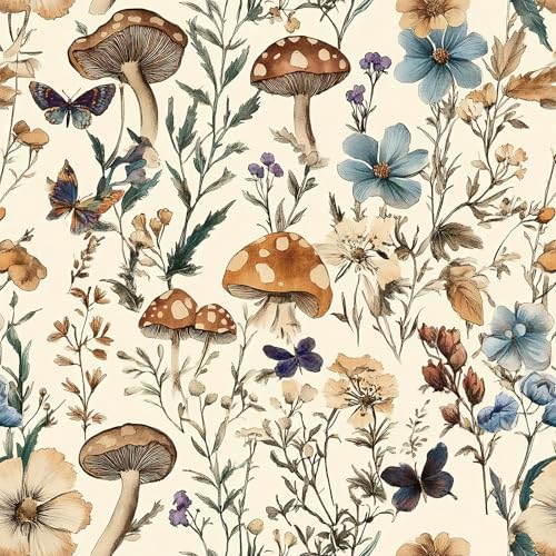 Mushroom Wallpaper Peel and Stick Vintage Floral 16.9" x 590.5" (Beige / 16.9" x 590.5")
