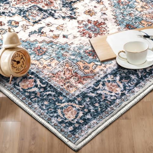 2x5 Washable Non Slip Boho Runner Rug for Hallway (Blue/Orange / 2' x 5' (Runner))