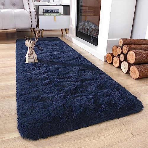 Soft Runner Rug for Bedroom Living Room Plush Fluffy Rug 2x10 (Navy Blue / 2' x 10' (Runner))