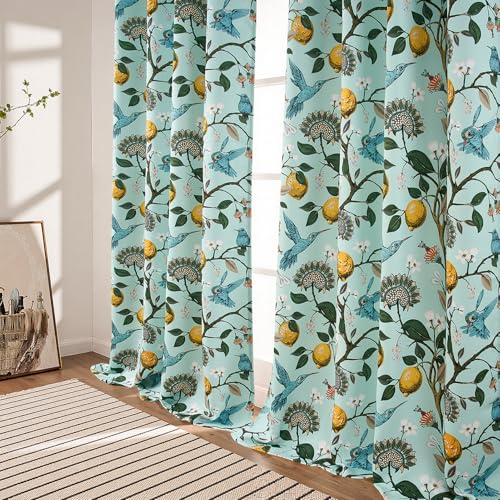 90 Inches Long Curtains Mint Green Whimsical Woodland Leaf Jungle Flower Hummingbird Victorian Grommet Thick Sage Green Curtains for Balcony Sliding Glass Office Bedroom Living Room (Mint Green / 52"W x 90"L (Pack of 2))