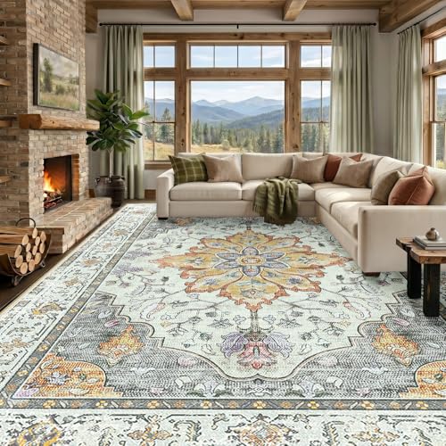 Washable Area Rug (Beige/Carbon Grey/Orange / 10' x 14' (Rectangular))