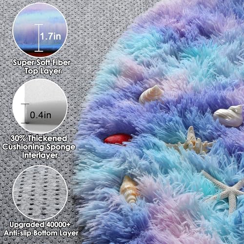 Rainbow Fluffy Round Rug Circle Area Rugs 4ft for Girls Kids Teen Bedroom (Rainbow / 4' (Round))