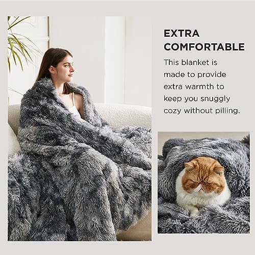 Faux Fur Fluffy Sherpa Fleece Queen Bed Blanket Grey 90"x90" (01- Tie Dye Grey / Queen (90" X 90"))