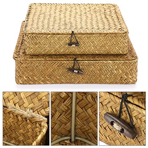 Set of 2 Flat Woven Wicker Storage Bins with Lid Seagrass Basket Box (Small+Large / Caramel)