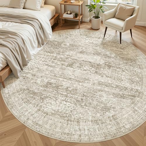 Round Rugs 8ft Living Room Circle Area Rug 8x8 Brown Vintage (Brown / 8' (Round))