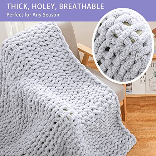Chunky Knit Throw Blanket for Couch (Light Grey W/ a Little Bit Purple / 51"x63" (Large Size Throw）)