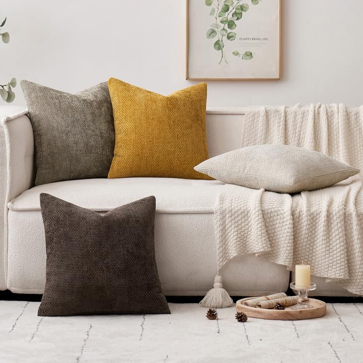 Decorative Chenille Fall Pillow Covers Gold Brown 20x20 Pack of 4 (20" x 20" (Pack of 4) / Neutral Gold/Brown)