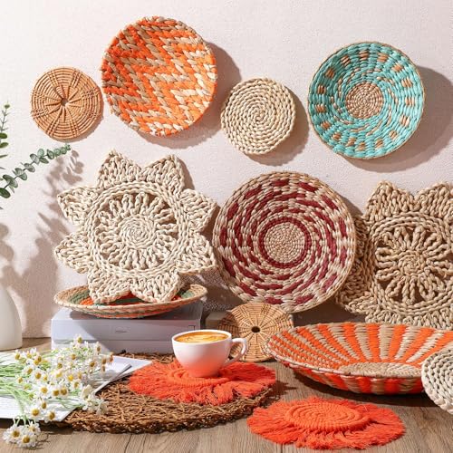 15 Pcs Boho Rattan Wall Baskets Hanging Decor (Orange Style)