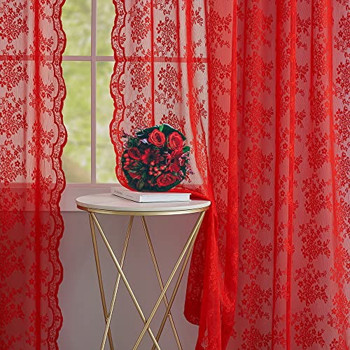 Vintage Lace Curtains 63 Inch Length 2 Panels Set Christmas Red Sheer Curtain Panels for Bedroom Winter Window Treatments for Holiday Living Room Dining Room Bedroom 52W x 63L (Red / 52"W x 63"L (Pack of 2))
