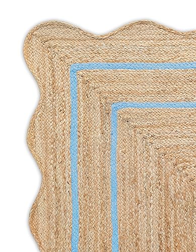 Wave Scalloped Natural Jute Boho Entryway Runner Farmhouse Scallop (Sky Blue / 2'6"x14' (Runner))