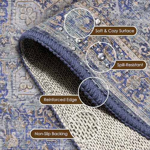 Washable Area Rug 9' x 12' Vintage Traditional Persian Mat (Indigo and Gold / 9' x 12' (Rectangular))