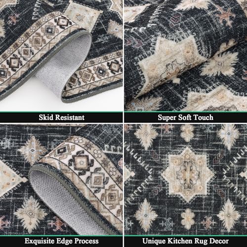 HEBE Boho Kitchen Rugs Set of 3 (Black/Colorful / 20"x32"+20"x48"+20"x59")