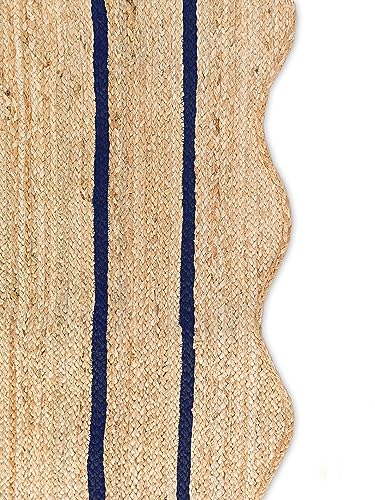 Wave Scalloped Natural Jute Rug Boho Jute Rug Entryway Runner Rug Farmhouse Scallop Rug (Navy / 2'6"x18' (Runner))