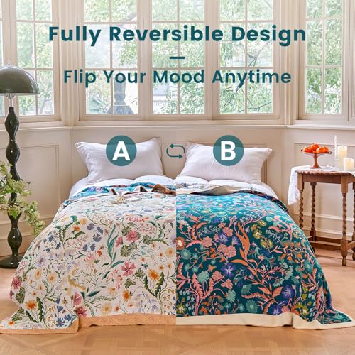 Boho Throw Blanket 50"x60" Cotton Floral Blanket for Couch Bed Decor (Wildflower Mix / 50"x60")
