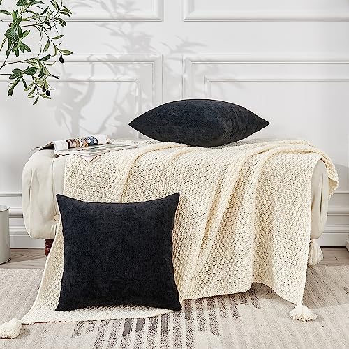 Black Chenille Throw Pillow Covers 22x22 Set of 2 for Couch (Black / 22" x 22" (Pack of 2))