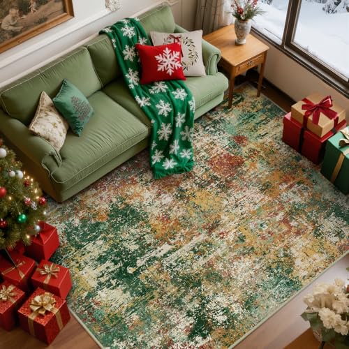 Washable 6'x9' Abstract Area Rug for Living Room Green Multi (Green/Orange/Red/Blue / 6' x 9' (Rectangular))