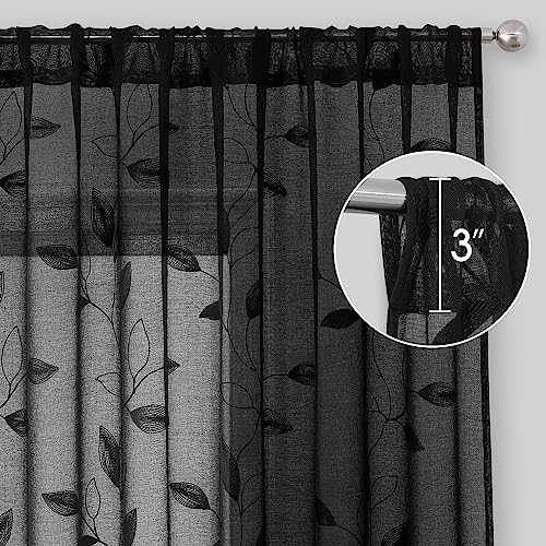 Black Sheer Curtains Leaf Embroidered (52"W x 63"L (Pack of 2) / Black)
