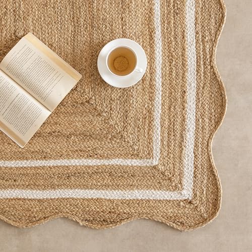 Scalloped Natural Jute Rug Easy Clean Durable Handwoven Rug for Living Room (Off-white / 2' x 14' (Runner))