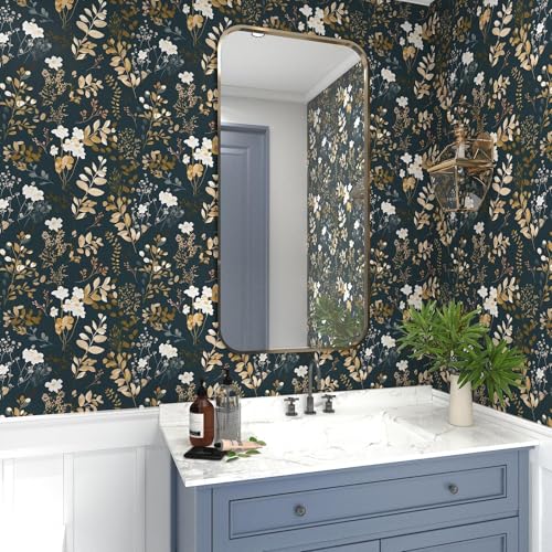 Vintage Dark Navy Gold Floral Peel and Stick Wallpaper 17.5"x118" (Blue&White / 118" x 17.5")