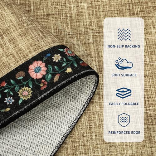 Washable Living Room Rug 9x12 Floral Bordered Area Rugs Soft Thin Indoor Carpet for Bedroom Modern Throw Aesthetic Mat Non Slip Stain Resistant Carpet for Dining Room Office (Flax/Black / 9' x 12' (Rectangular))
