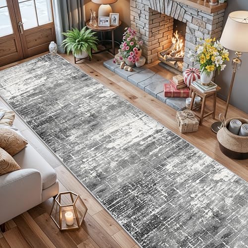 Abstract 14ft Long Runner Rug (2'6" x 14' (Rectangular) / Black/Grey)