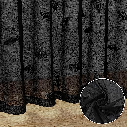 Black Sheer Curtains Leaf Embroidered (52"W x 63"L (Pack of 2) / Black)