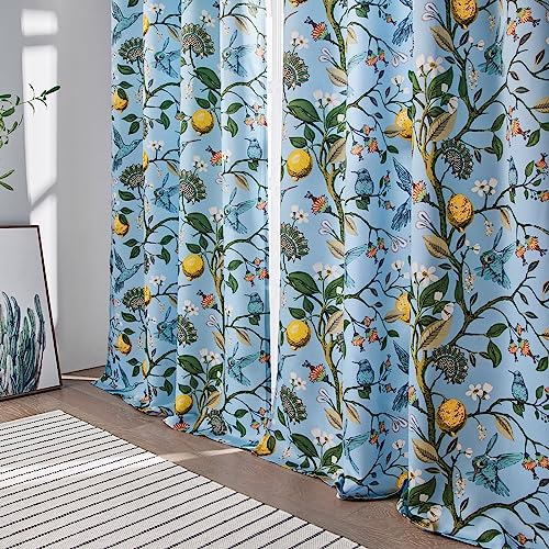 Blue Patterned Curtains 2 Pages 96 Inches Long Blackout Heat Block Farmhouse Watercolor Floral Flower Hummingbird Printed Drapes Grommet Window Treatment for Living Room (Light Blue / 52"W x 96"L (Pack of 2))