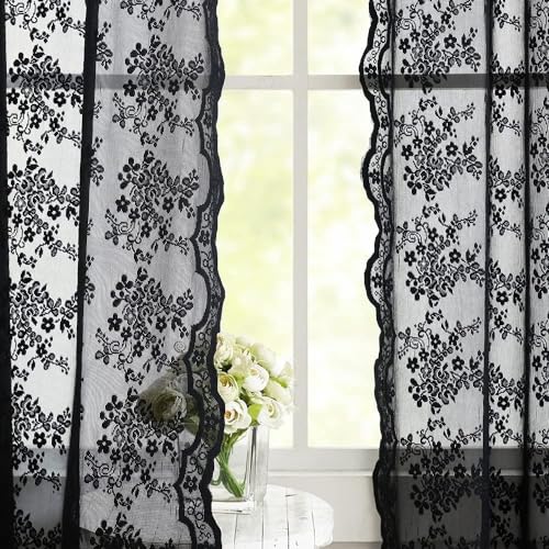 Vintage Lace Curtains 45 Inch Length (Black / 52"W x 45"L (Pack of 2))